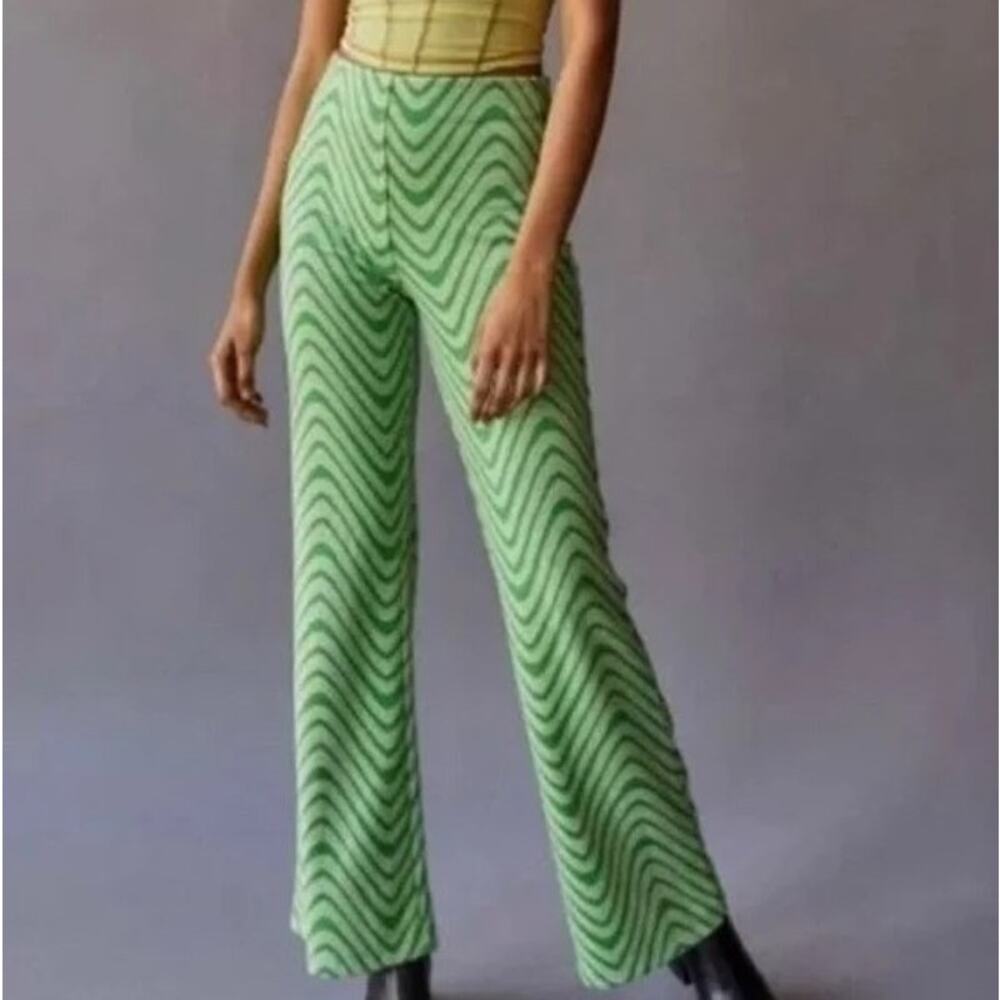 Urban Outfitters Bryn green squiggle wavy abstract print soft high waisted pants